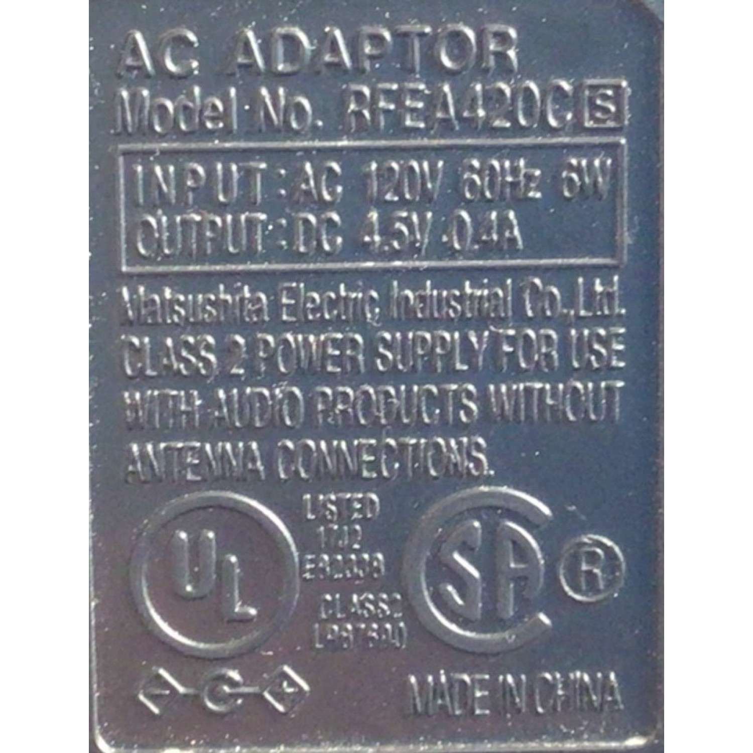 CARGADOR / ADAPTADOR DE FUENTE DE ALIMENTACION AC ADAPTOR / VCA-VCD / NUMERO DE PARTE RFEA420C / ENTRADA VCA 120V 60HZ 6W / SALIDA VCD 4.5V 0.4A / MODELO RFEA420C - Imagen 2